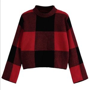 Long Sleeve High Neck Plaid Sweater